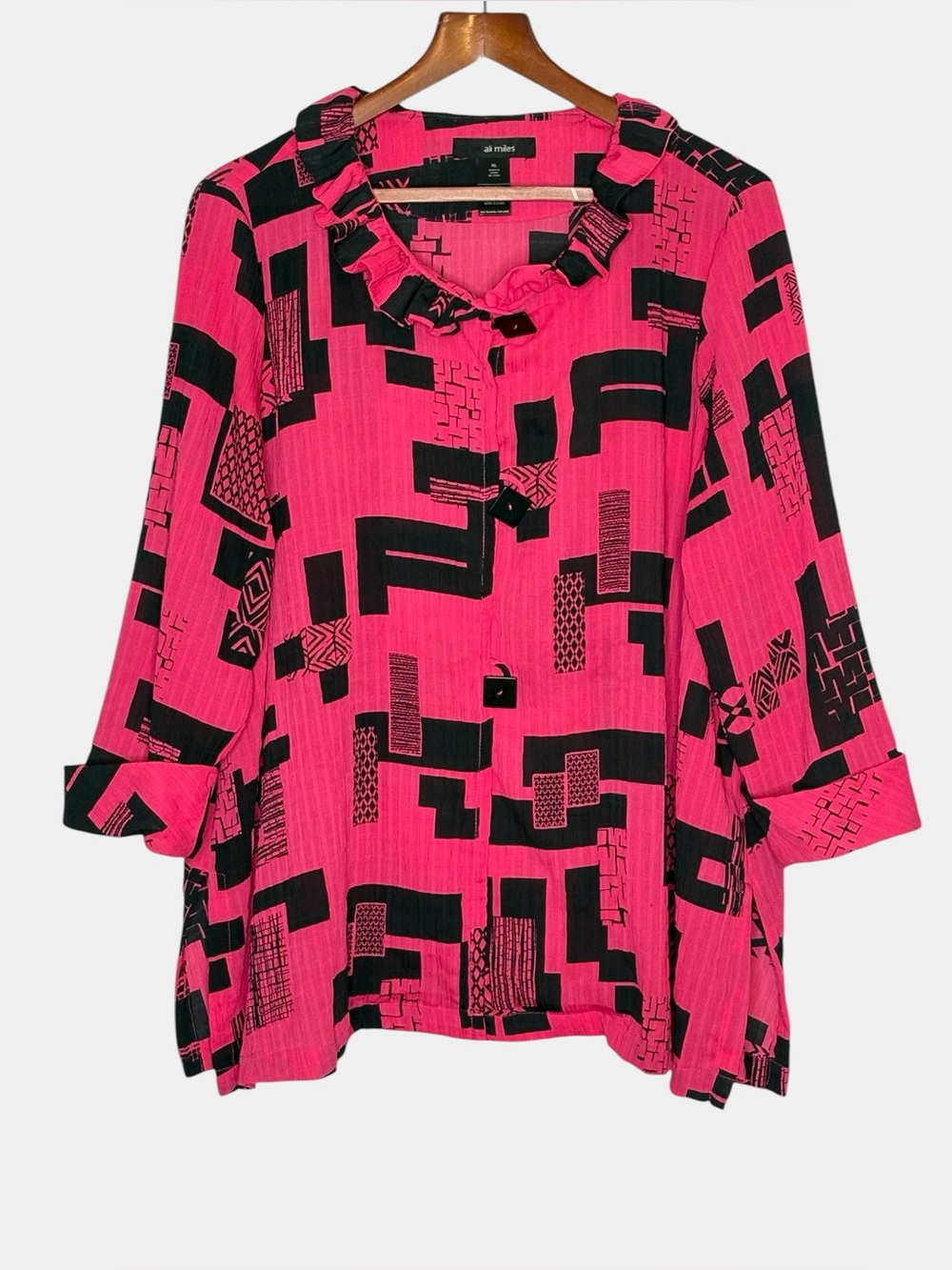 Ali Miles Pink & Black Abstract Geometric Ruffle Collar Art Blouse XL